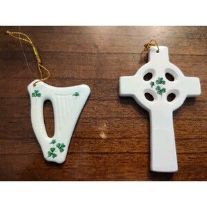 2 Liffey Artefacts Kildare Celtic Irish Cross, Harp Shamrock Porcelain Ornaments
